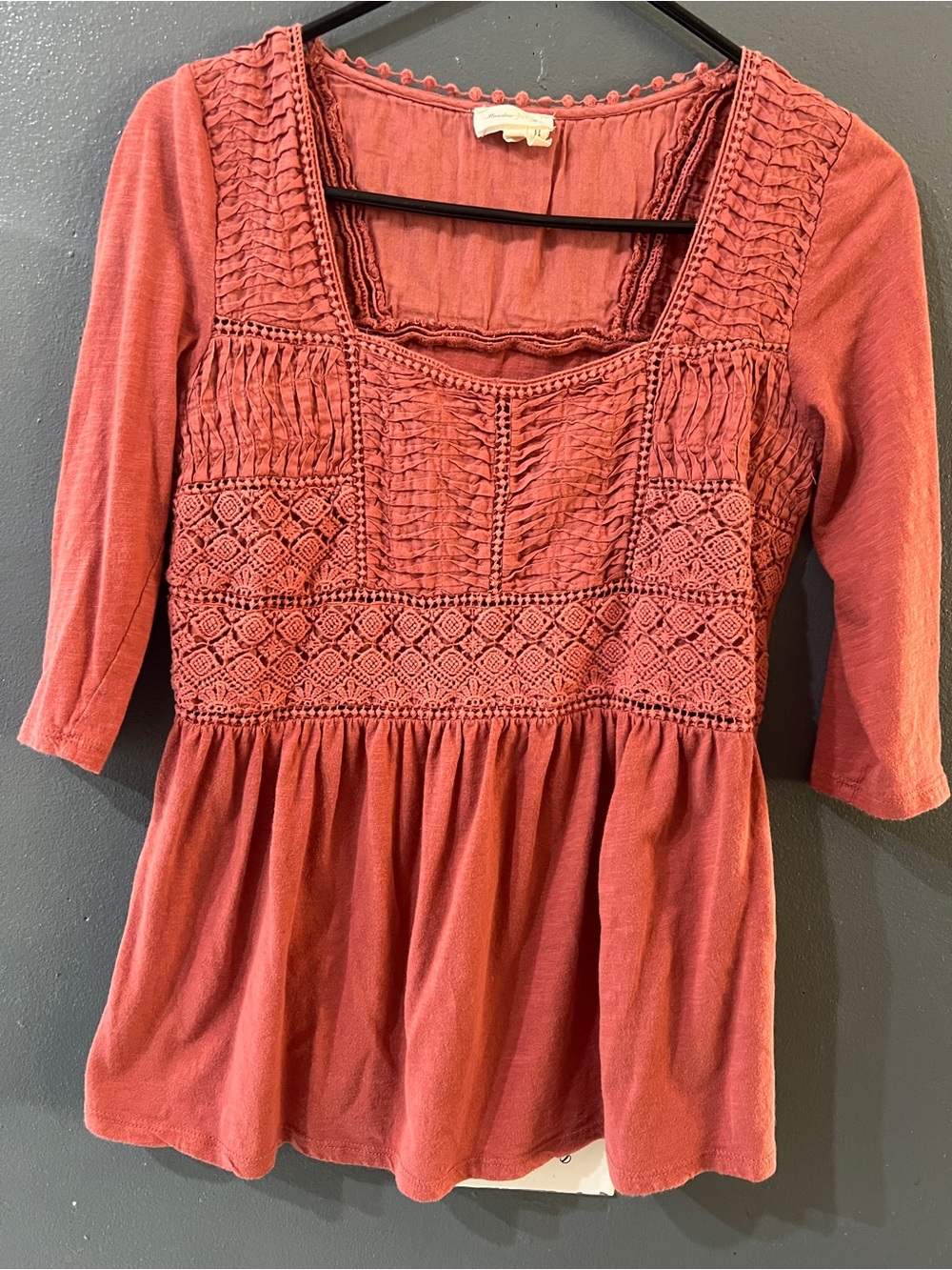 Anthropologie Cotton Crocheted 3/4 Sleeve Nosara Lace Tee by Meadow Rue sz s